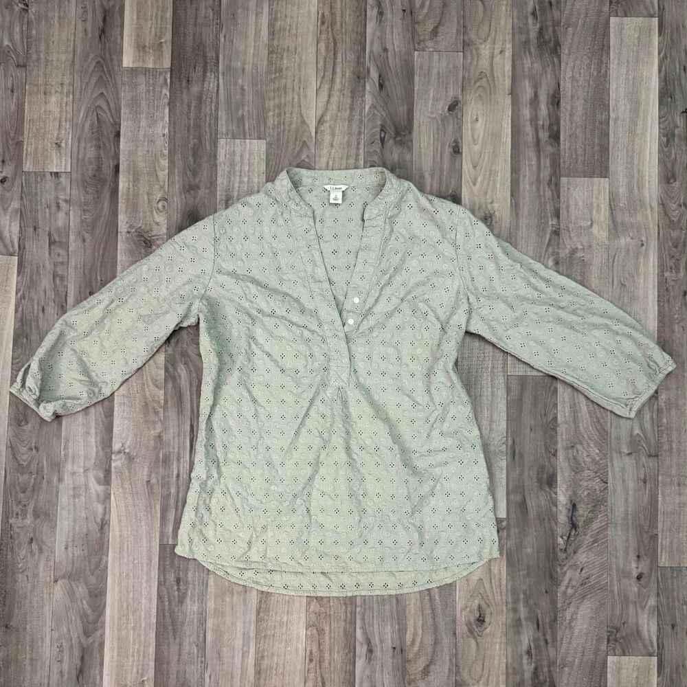 L.L. Bean Sage green eyelet lace tunic cotton blouse